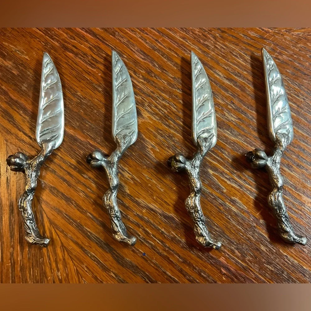 Vintage Bombay Beautifully Crafted Branch & Acorn Silver Cheese Knives!